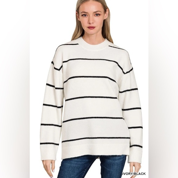 Zenana Round Neck Stripe Sweater